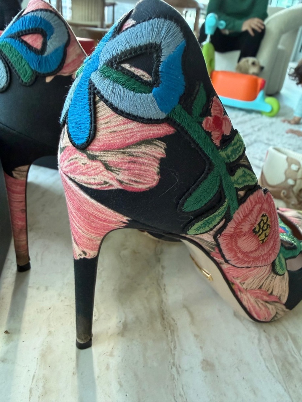 Gucci Black Floral Embroidered Pink & Green Stiletto Pumps - Picture 3 of 5
